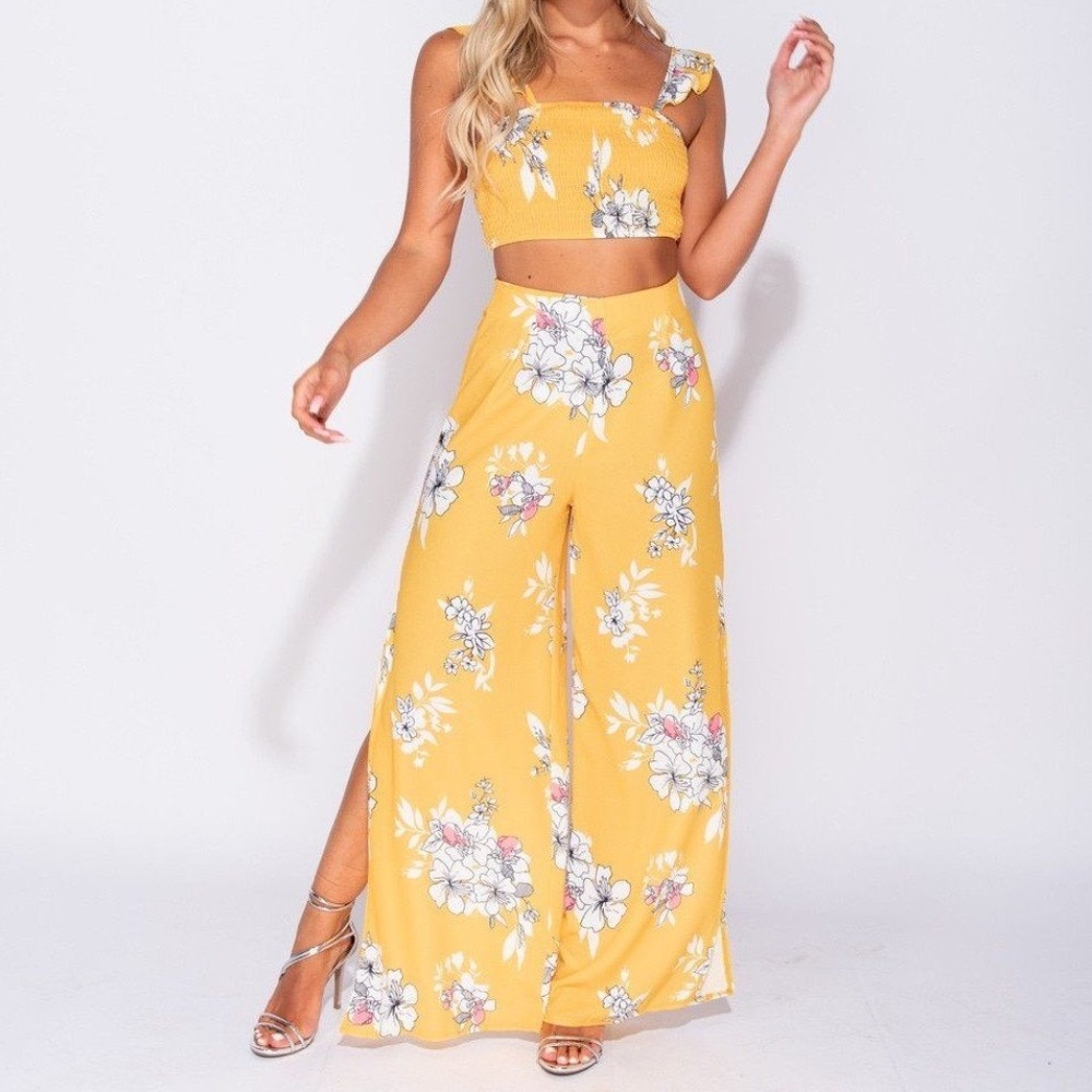 Yellow Tropical Floral Print Crop Top & Pants Set - Picture 4 of 10